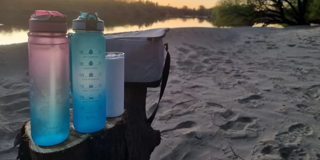 SKAULT 1L Tritan Water Bottles on a river bank