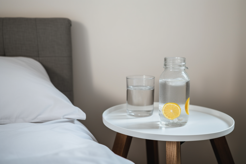 A chilled, transparent glass of water positioned beside a bedside alarm clock, accompanied by a lemon slice and a water bottle.