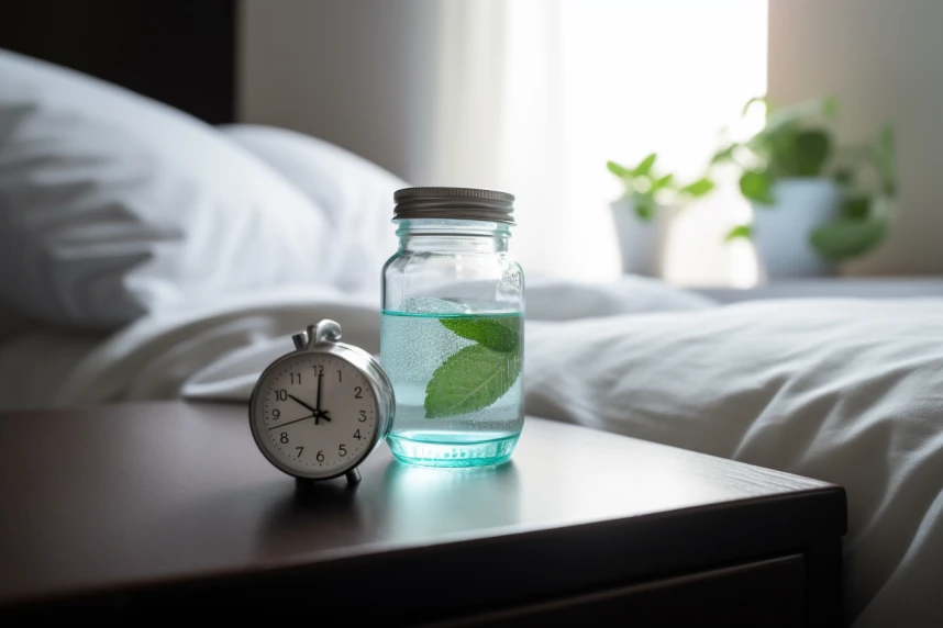 A cool glass of crystal-clear water rests near a bedside alarm clock, accompanied by some mint leaves and a water bottle.