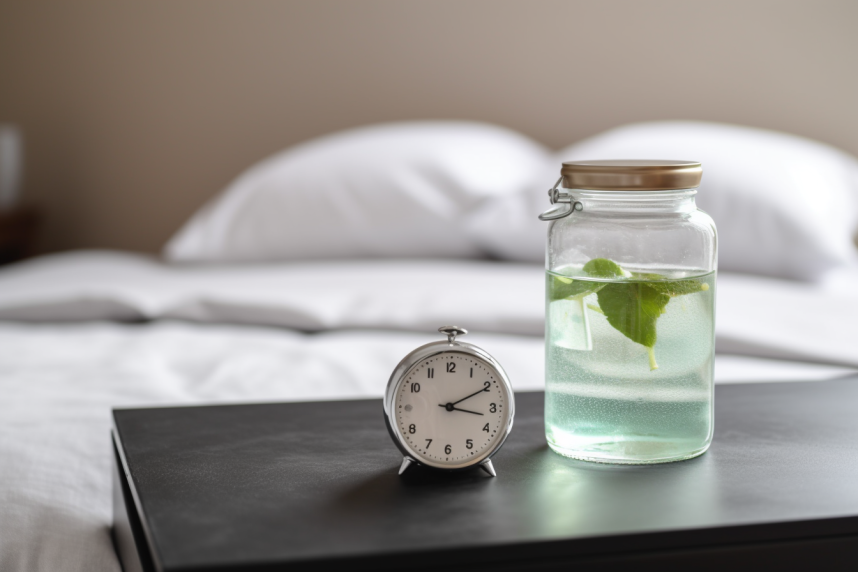 A glass of cool, clear water next to a bedside alarm clock, some mint, and a water bottle.