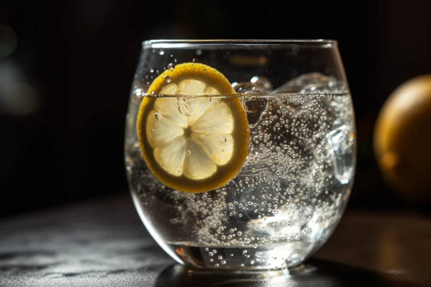 A glass of sparkling water takes center stage in the shot, with a newly cut lemon slice adorning its effervescent surface, beautifully captured up close.




