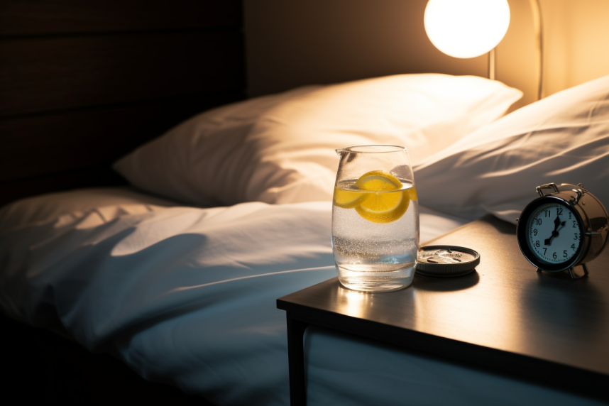 A refreshing glass of pristine water sits adjacent to a bedside alarm clock, accompanied by a lemon slice and a water bottle.