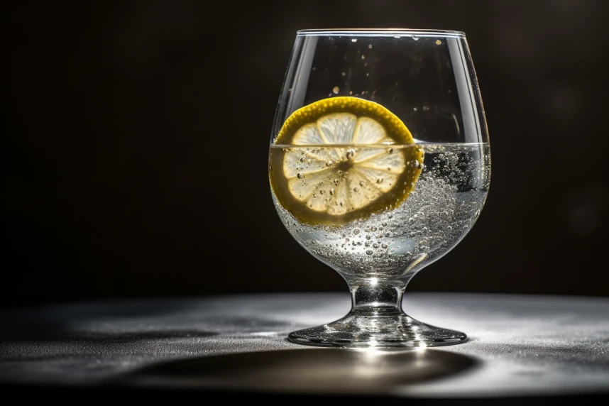 A tightly-framed shot captures a glass of effervescent water, its surface embellished with a recently cut lemon slice that's gracefully floating on the bubbles.




