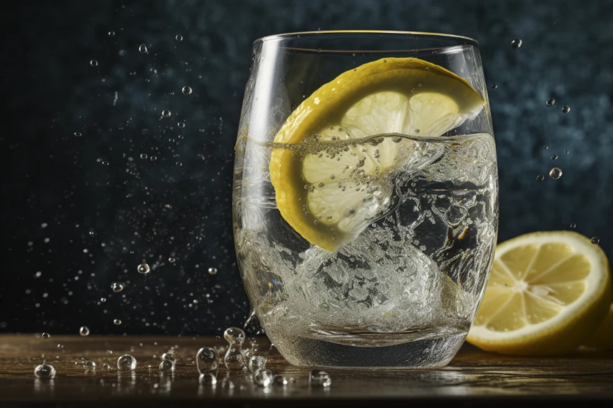A zoomed-in view of a glass filled with carbonated water, adorned with a newly sliced lemon that is gently bobbing atop the liquid's surface.