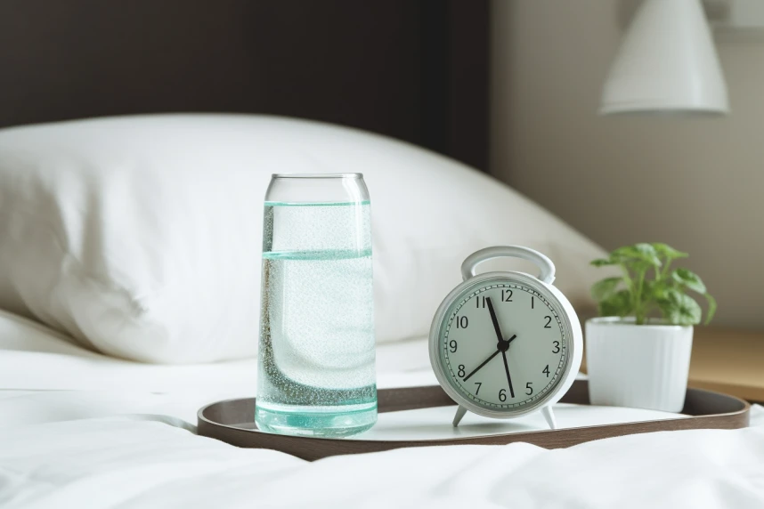 Beside a bedside alarm clock, a cool glass of transparent water is accompanied by fresh mint and a water bottle.