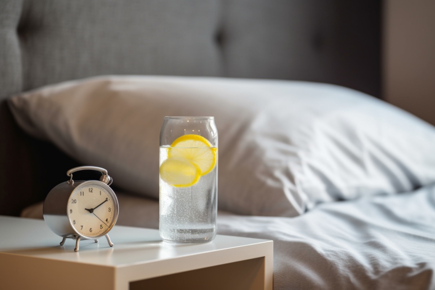 Beside a bedside alarm clock, a refreshing glass of clear water, a slice of lemon, and a water bottle are arranged.