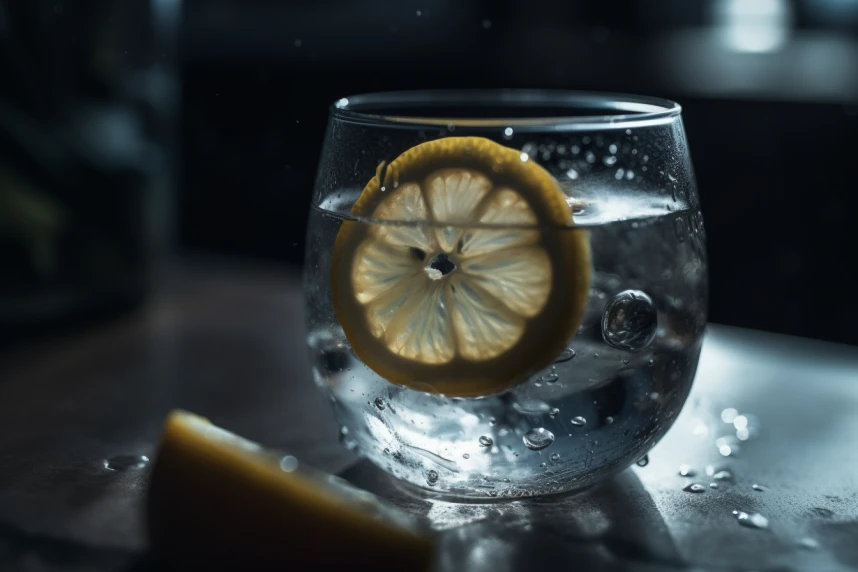In the frame, we see a close-up of a glass brimming with sparkling water, accompanied by a freshly sliced lemon resting on the effervescent surface.




