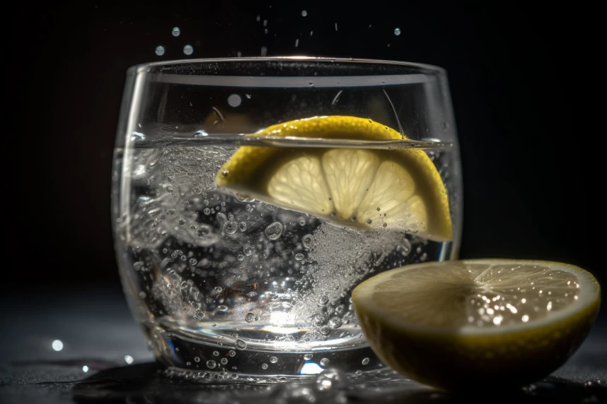 The camera focuses closely on a glass filled with carbonated water, featuring a just-cut lemon slice that sits serenely on the bubbling liquid.




